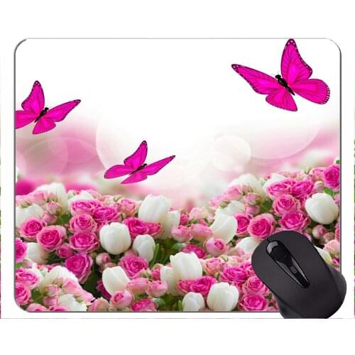 Gaming Mouse Pad Custom,White Flower Rose Art Flower Butterfly -Stitched Edges