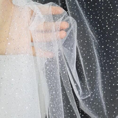 African White Net Silver Glitter Sequin Lace Tulle Fabric Soft Transparent Mesh Swiss Voile for Trims Sewing Crafts Turban Veil
