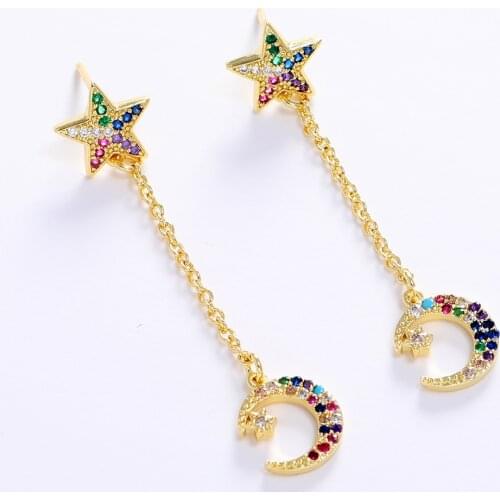 LUALA Fashion Moon and Stars Earrings Colorful Cubic Zirconia Crystal Long Hanging Women Drop Earrings Party Wedding Jewelry