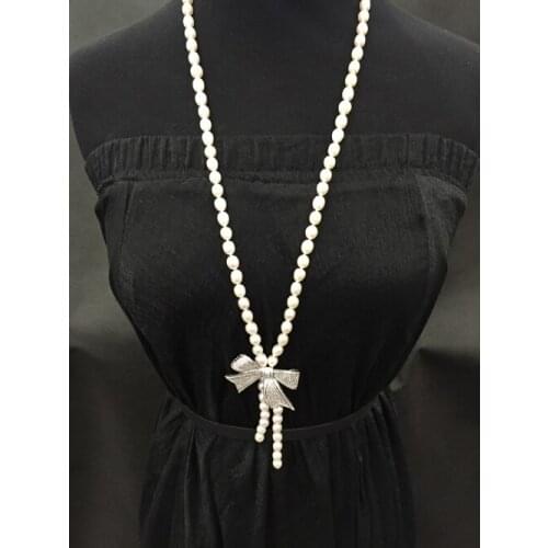 7-8MM natural pearl sweater chain necklace Bowknot rice pearl necklace 80CM length