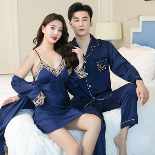 Sexy Rayon Women Solid Color Robe Sets Men Printed Top Trousers Pajama Suit Couple Pyjamas Wedding Morning Gown Home Service