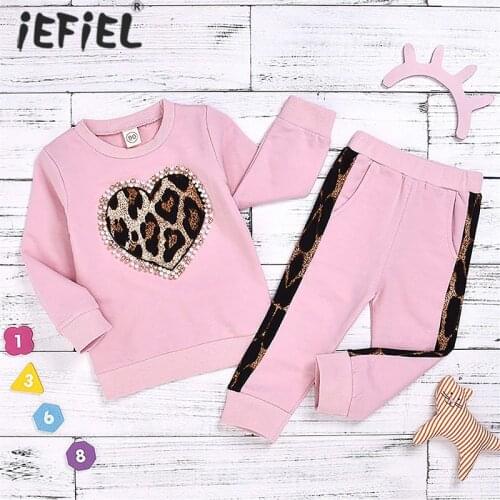 Kids Girls Casual Clothes Outfits Spring Baby Girl Clothes Sets Pink Long Sleeve Leopard Tops Long Pants Children Tracksuit Set