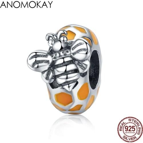 Anomokay 100% 925 Sterling Silver Honeycomb Bee Spacer Charm fit Bracelet Necklace Cute S925 Silver Animal Bead for DIY Jewelry