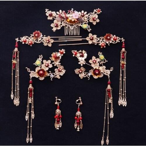 Bride Chinese gold Tassel hair comb stick sets hair ornaments brides chinese wedding hair accessories