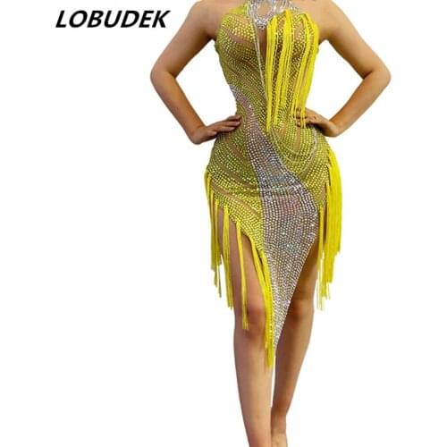 High-end Yellow Rhinestones Tassel Dress Women Stage Performance Competition Fringe Dance Outfit DJ Pole Nightclub Sexy Costume