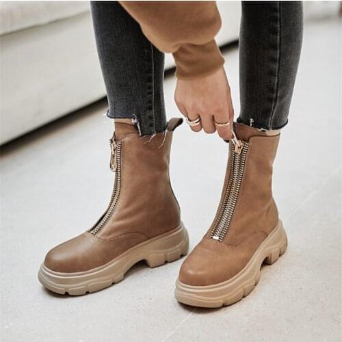 PXELENA Punk Gothic Platform Combat Boots Women Genuine Leather Front Zip Ankle Boots Chunky Heels Thick Sole Autumn Winter Shoe