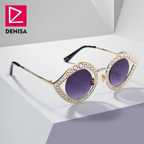 DENISA Round Lens Cat Eye Sunglasses Women 2019 Trendy Rhinestone Glasses Vintage Sun Glasses Ladies UV400 femme lunette G18616