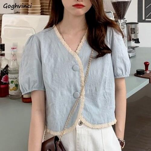 Shirts Women Vintage All-match Lace Y2K Puff-sleeve Soft Chemise Fashion Crop Top Aesthetic Simple Sweet Harajuku Casual Retro