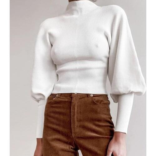 Autumn Women Solid Color Sweater Turtle Neck Long Puff Sleeve Knitted Pullover