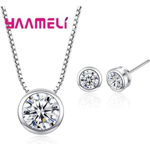 New Fashion Women Jewelry Sets 25 Sterling Silver CZ Crystal Round Pendant Necklace Stud Earrings Wedding Party Ceremoey Anel
