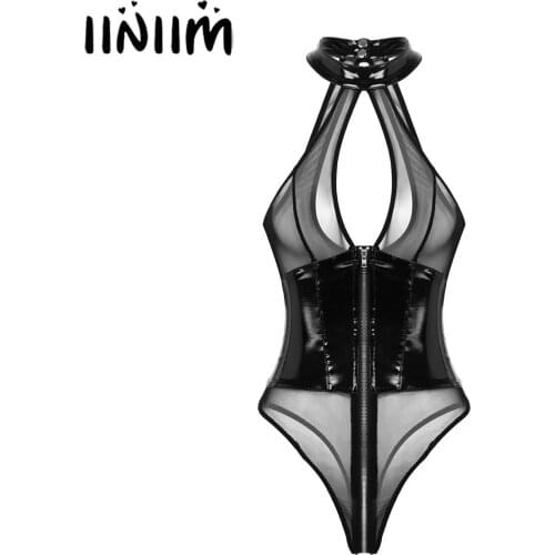 Women One-piece Sexy Wet Look Lingerie Catsuit Leather Sheer Mesh Splice Halter Neck Breast Hollow Out High Cut Leotard Bodysuit
