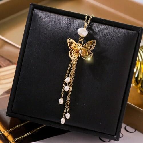 Gold Color Butterfly Pendants Necklaces For Women Vintage Luxuries Hollow Out Simulated Pearl Tassel Chokers Necklaces 2020 New