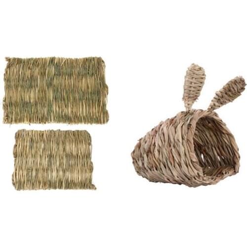 2Pcs Straw Pet Hamster Rabbit Chewing Toy Grass Preparation Pad with Woven Straw Pet Rabbit Hamster Guinea Pig Cage Nest