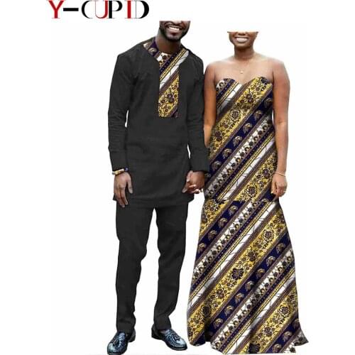 African Clothes for Couples Women Print Maxi Long Dresses Vestidos Matching Men Outfits Ankara Top Shirts and Pants Sets YA20C08