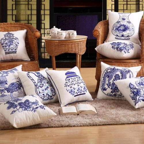 Decorative Cotton Cushion Cover in Chinese Blue-white Porcelain,43X43Cm,Chinese Sofa Cushion Cover,Throw Pillow Case Embroidered