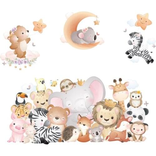 Cartoon Animal children Room decoration stickers bedroom sofa background wall paper Lion elephant stickers star wall stickers