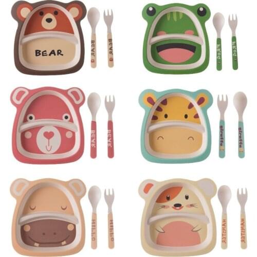 Childrens Tableware Three-Piece Suit Bamboo Plate Cartoons Set Of Dishes Plates Baby Food Supplement Tableware Bowl Fork Spoon