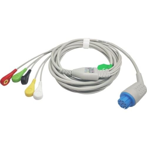 ECG Cable One Piece 5 Lead Wires 10 Pin Snap 4.0 End IEC Standard for Datex Cardiocap Patient Monitor Made in China