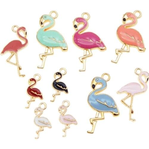 JulieWang 10PCS Alloy Enamel Flamingo Animal Charm Cartoon Mix Size Pendant For Earring Jewelry DIY Craft Decoration Accessory