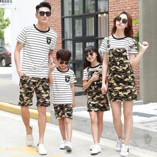Camouflage Outfit Father Son Shirt+pants Mother Daughter Dresses Two Pieces Set Striped Shirt+overalls Summer Family Clothing