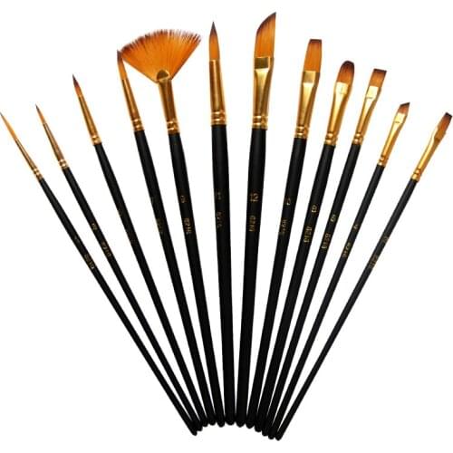 12Pcs Nylon Art Brushes Watercolor Painting Brush Variety Style Wooden Handle Oil Acrylic Painting Brush Pen Art Supplies