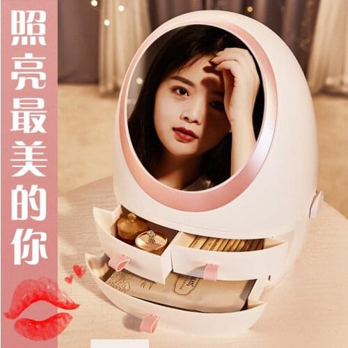 Led cosmetic storage box with mirror drawer type plastic dustproof desktop storage box skin care finishing box makeup organizer