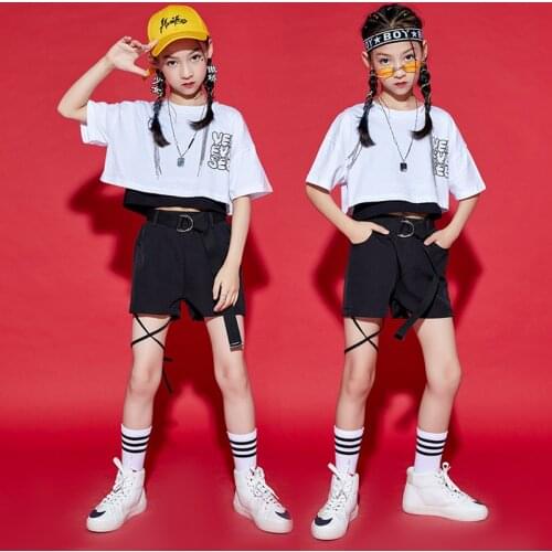 Hip Hop Girls Jazz Dancing Costume Tide Street Wear White Crop Tops Kids Hip Hop Suit Catwalk Stage Outfits Rave Clothes BL6704
