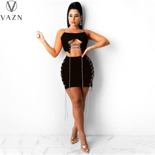 VAZN 2021 INS Sleeveless Strapless Bandage Solid Summer Clothing Suits 2 Piece Set Women Top And Pant