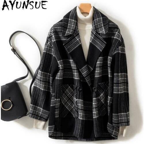 AYUNSUE 100% Wool Coat Female Jacket 2020 Autumn Winter Jacket Women Korean Woolen Coats and Jackets Women Plaid Outwear MY3695