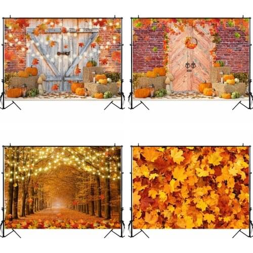 MOCSICKA Autumn Pumpkin Photography Backdrop Maple Leaf Wooden Door Lights Wedding Photo Background Brick Wall Backdrops Decor