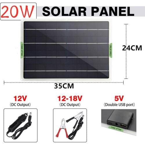 20W Solar Panel Portable IP65 Waterproof Solar Panel 5/9/18V USB Usb-c DC Port Monocrystalline Solar Panel For Car Camping