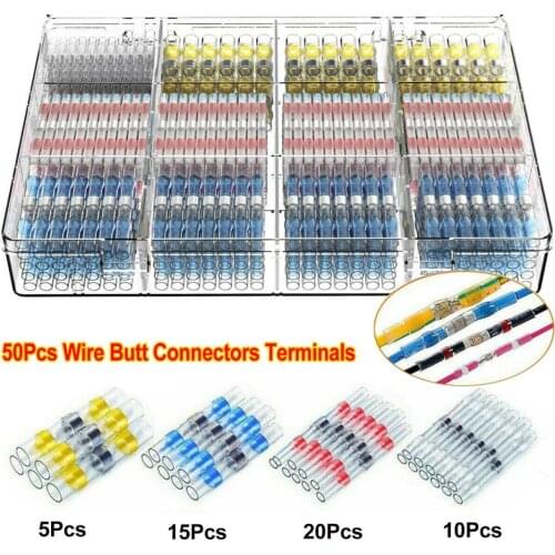 50pcs Solder Seal Sleeve Splice Terminals Heat Shrink Butt Wire Terminals Connectors Kit Waterproof Electrical Assortment