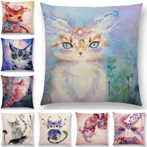 Newest Beautiful Alice Magic Cat Gratitude Kitty Cute Watercolor Cushion Cover Sofa Throw Pillowcase Cotton Line Pillow Covers