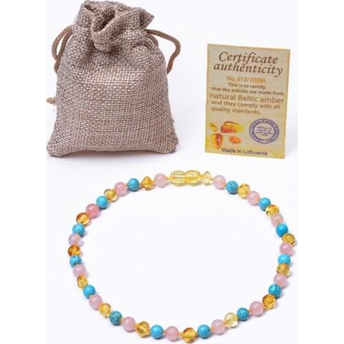 Certified Natural Baltic Ambers Baby Teething Necklace Multicolor Turquoise Powder Crystal Ambers Beads Necklace Jewelry 33cm