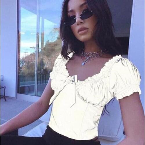 Casual Reflective pleated Women Fashion short sleeve Crop Top deep V sexy sexy Top party club tops Summer 2021