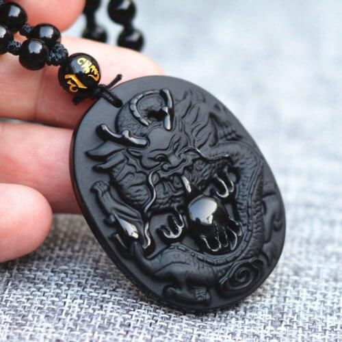 Drop Shipping Natural Black Obsidian Stone Carving Chinese Dragon Lucky Amulet Pendant Necklace For Brave mens fashion Jewelry