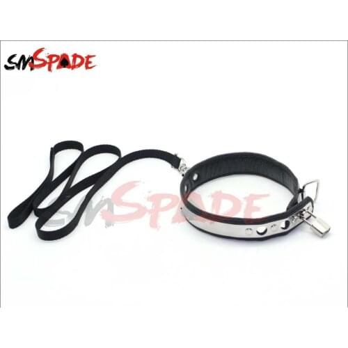 Silver metal collar with padLock,leather bondage restraint neck collar for sex games,long webbing leash for sex game