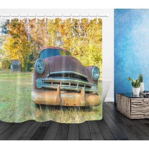 Old Red Retro Cars Waterproof Shower Curtain Rustic Pickup Truck Vintage Farmhouse Decor Polyester Bathroom Curtains with Hooks