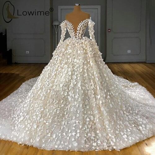 High-End Long Sleeve Appliqued Wedding Dresses V Neck Flowers Beads Court Train Ball Gown Bridal Gowns Vestido De Novias