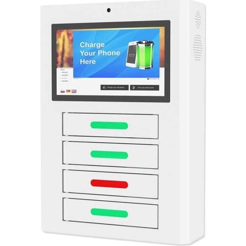 Touch screen multiple cell phone charger locker vending machine with advertising LCD screen