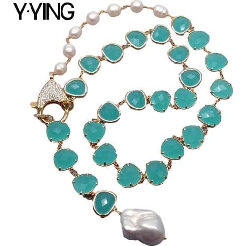Y·YING natural White Rice Pearl Green Crystal Necklace White Keshi Pearl Pendant necklace 28