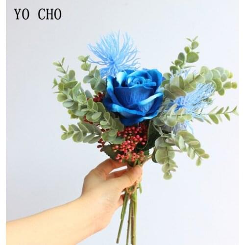 YO CHO Royal Blue Rose Bouquet Flower Bride Wedding Artificial Flower Forest Style Hydrangea Pompon Fruit Unique Wedding Bouquet