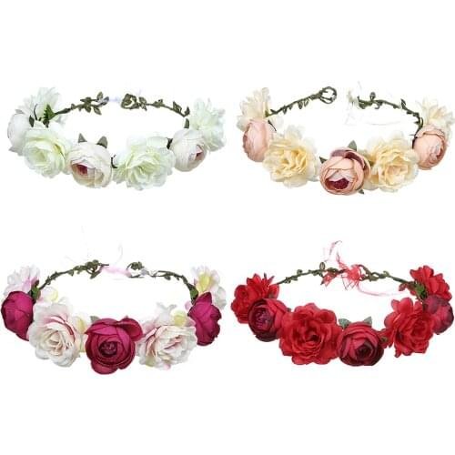 Bride Women Flower Crown Hair Band Wedding Floral Headband Garland Ribbon Bow Girl Flower Wreath Elastic Hair Accessories
