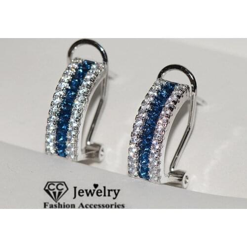 S925 Stud Earrings For Women Sterling Silver Blue Cubic Zirconia Brincos Bridal Wedding Ear Clip Fine Jewelry Bijoux CCE733