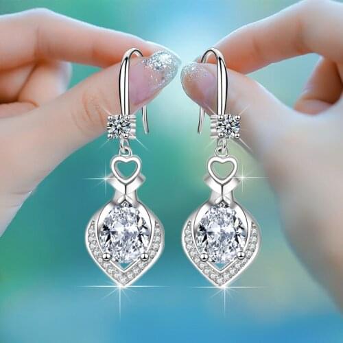 White Pink Blue Water Drop Stone Earrings Vintage Silver Color Love Heart Dangle Earrings For Women Wedding Jewelry Crystal Gift
