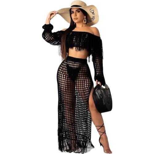 2021 Summer Sexy Hollow Women Skirt Set Long Sleeve Crop Tops+Long Skirt Femme Set Mesh See Through Women Beach Two Piece Sets