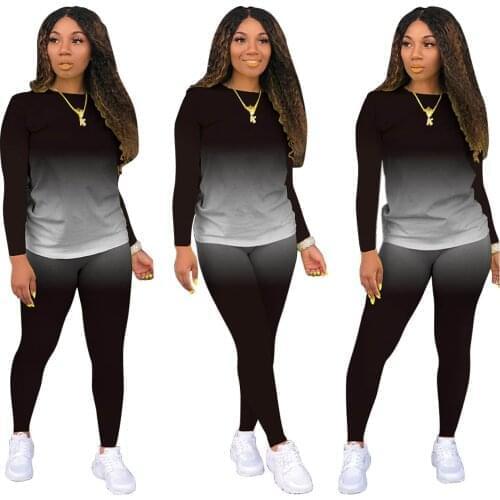 Two Piece Woman Set Outfit Jogger Suit Gradient Long Sleeve Pullover T-Shirts Tops+Pants Leggings Casual Tracksuit Sweat Suits