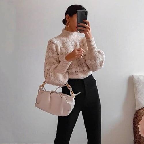 Ardm Za Lace Stripe Patchwork Woman Sweaters Knitted Loose Sweet Sweater Vintage High Neck Lantern Sleeve Pullover Women Tops