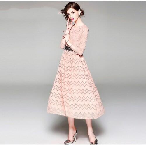 2020 Spring & Summer Europe Fashion New Arrival A-Line O-Neck Three Quarter Sleeve Elegant Lace Patchwork Mid-Calf Dress Women
