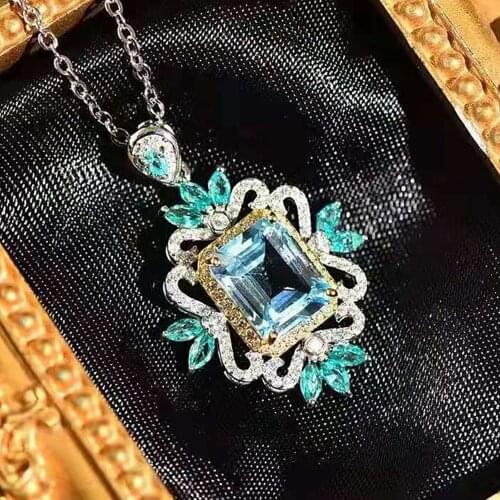 Vintage Royal Green Blue Crystal Emerald Zircon Diamonds Gemstones Pendant Necklaces for Women White Gold Silver Color Jewelry